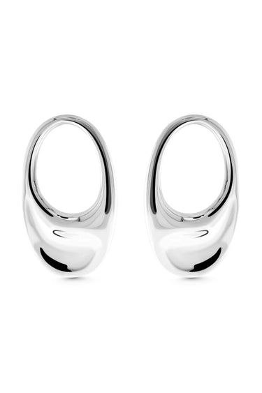 BEAMISH Hoops. Oval-shaped disc earrings in high gloss finish, silver, handmade, hypoallergenic, water-resistant